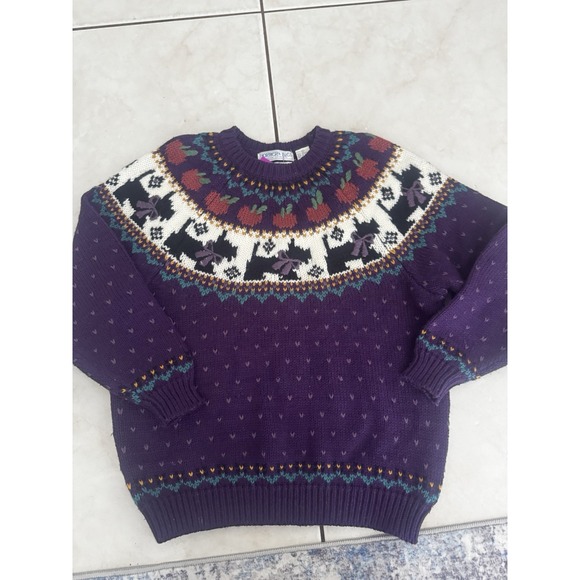 Northern Isles Sweaters - Vintage 90s Northern Isles Womens L Purple Scottie Dog Apple Fair Isle Sweater